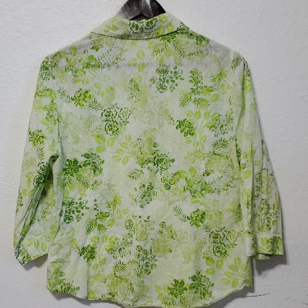 Coldwater Creek Green Floral Swiss Dot 3/4 Sleeve - Picture 5 of 11